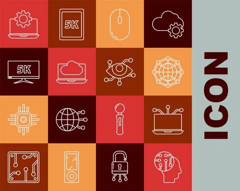 Set line Human brain as digital circuit board, Computer mouse, Cloud data Stock Illustration