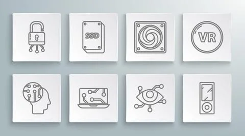 Set line Human brain as digital circuit board, SSD card, Laptop, Virtual reality Illustrazione stock