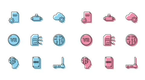Set line Human brain as digital circuit board, Hard disk drive HDD, File Stockillustratie