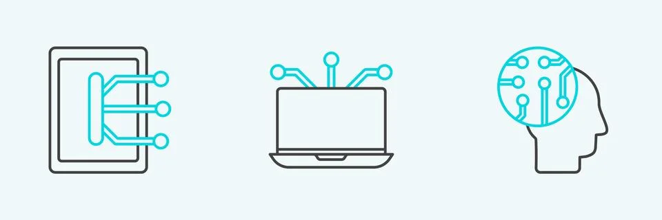Set line Human brain as digital circuit board, Tablet and Laptop icon. Vector Illustrazione stock