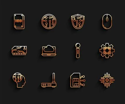 Set line Human brain as digital circuit board, Router and wi-fi signal, Har.. 库存插图