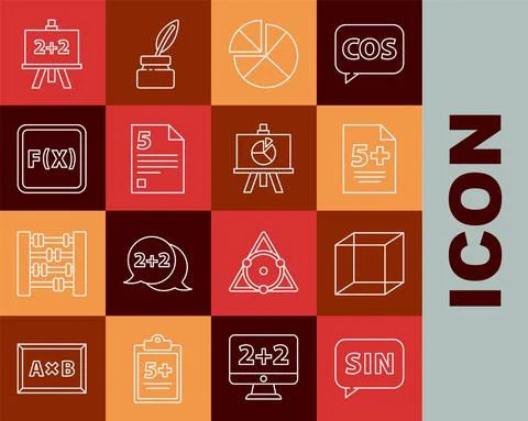 Set line Human brain, Function mathematical symbol, Calculator, Abacus, Infinity Stock Illustration