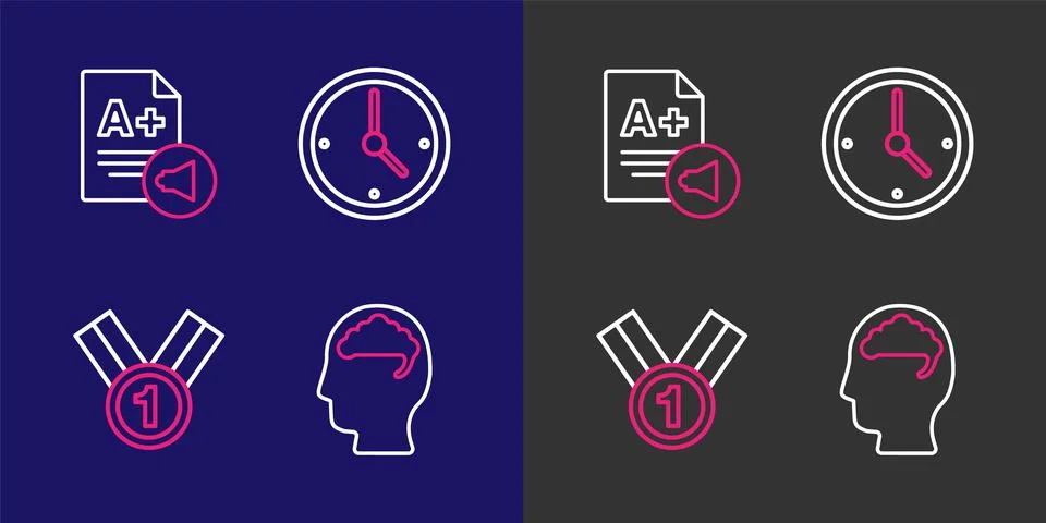 Set line Human brain, Medal, Clock and Exam sheet with A plus grade icon. V.. Stock Illustration