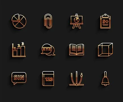 Set line Human brain, Test or exam sheet and pen, Abacus, Ringing bell, Cal.. Illustrazione stock