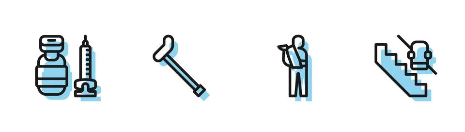 Set line Human broken arm, Syringe, Walking stick cane and Disabled elevator Stock Illustration