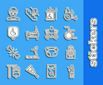 Set line Human broken arm, Intercom, Wheelchair, Elevator for disabled, Patient Illustrazione stock