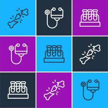Set line Human broken bone, Test tube with blood and Stethoscope icon. Vector Stock Illustration