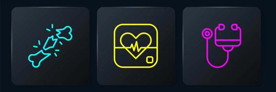 Set line Human broken bone, Stethoscope and Heart rate. Black square button Stock Illustration