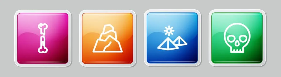 Set line Human broken bone, Rock stones, Egypt pyramids and skull. Colorful Illustrazione stock