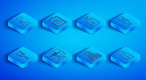 Set line Human broken bone, Clinical record, Hand sanitizer bottle, Monitor with Ilustración de archivo