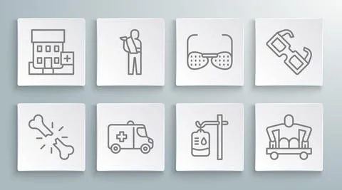 Set line Human broken bone, arm, Emergency car, IV bag, Man without legs sitting Stock Illustration