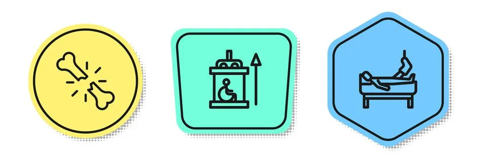 Set line Human broken bone, Elevator for disabled and Patient with leg. Colored Illustrazione stock
