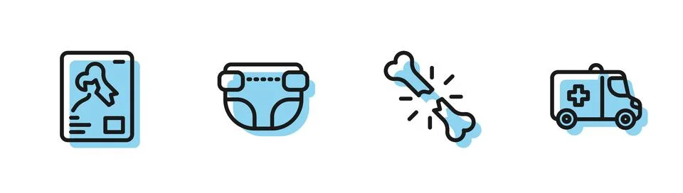 Set line Human broken bone, X-ray shots, Adult diaper and Emergency car icon. Stock Illustration