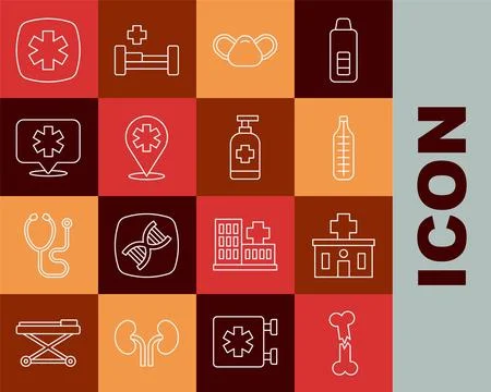 Set line Human broken bone, Hospital building, Medical thermometer, protective Ilustración de archivo