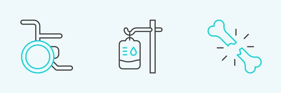 Set line Human broken bone, Wheelchair and IV bag icon. Vector Stock Illustration