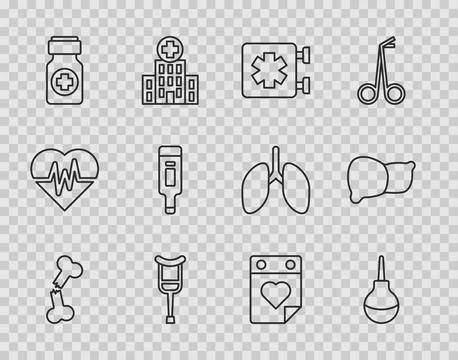 Set line Human broken bone, Enema, Medical symbol of the Emergency, Crutch .. Illustrazione stock
