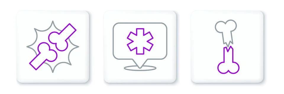 Set line Human broken bone, Joint pain, knee pain and Location hospital ico.. Stock Illustration