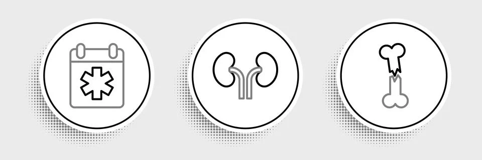 Set line Human broken bone, Doctor appointment and kidneys icon. Vector Stock Illustration