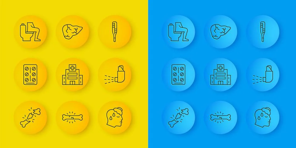 Set line Human broken bone, Pills in blister pack, Medical hospital buildin.. Ilustración de archivo