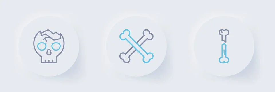 Set line Human broken bone, Crossed human bones and Broken skull icon. Vector Stock Illustration