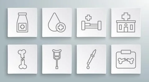 Set line Human broken bone, Donate drop blood, Crutch or crutches, Pipette,.. Stock Illustration