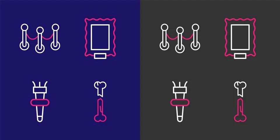 Set line Human broken bone, Torch flame, Picture and Rope barrier icon. Vecto Stock Illustration