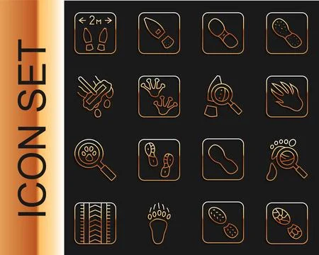Set line Human footprints shoes, Magnifying glass with footsteps, Alligator Stock Illustration