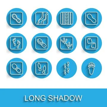 Set line Human footprints shoes, Bear paw, Camel and Dove icon. Vector Stock Illustration