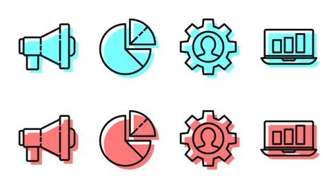 Set line Human with gear inside, Megaphone, Pie chart infographic and Laptop  Illustrazione stock