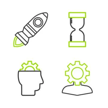 Set line Human with gear inside, Old hourglass flowing sand and Rocket ship f Stock Illustration