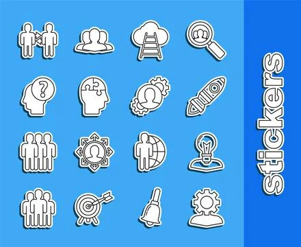 Set line Human with gear inside, head lamp bulb, Rocket ship fire, Ladder Stock Illustration