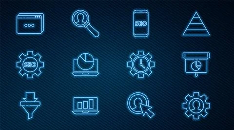 Set line Human with gear inside, diagram, infographic, Mobile phone SEO Illustrazione stock