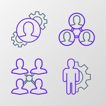 Set line Human with gear inside, Project team base, and icon. Vector Illustrazione stock