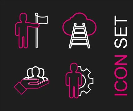 Set line Human with gear inside, Project team base, Ladder leading to cloud and イラスト素材