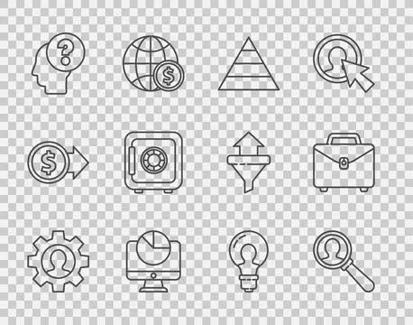 Set line Human with gear inside, Magnifying glass for search people, Pyramid Stock Illustration