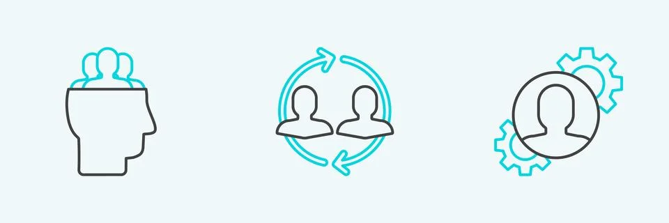 Set line Human with gear inside, Project team base and resources icon. Vector Stock Illustration