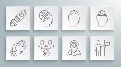Set line Human with gear inside, head puzzles strategy, Project team base, .. Stock Illustration