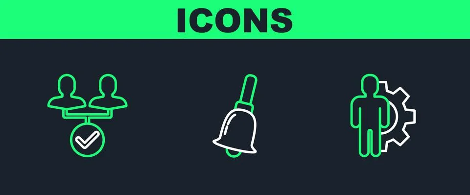 Set line Human with gear inside, Project team base and Ringing bell icon. V.. Stock Illustration