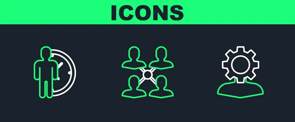 Set line Human with gear inside, Time Management and Project team base icon.. Stock Illustration