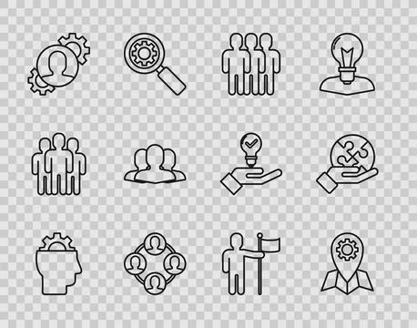 Set line Human with gear inside, Location job, Users group, Project team ba.. Stock Illustration