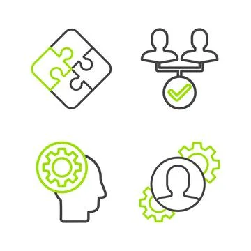 Set line Human with gear inside, head, Project team base and Piece of puzzl.. Stock Illustration