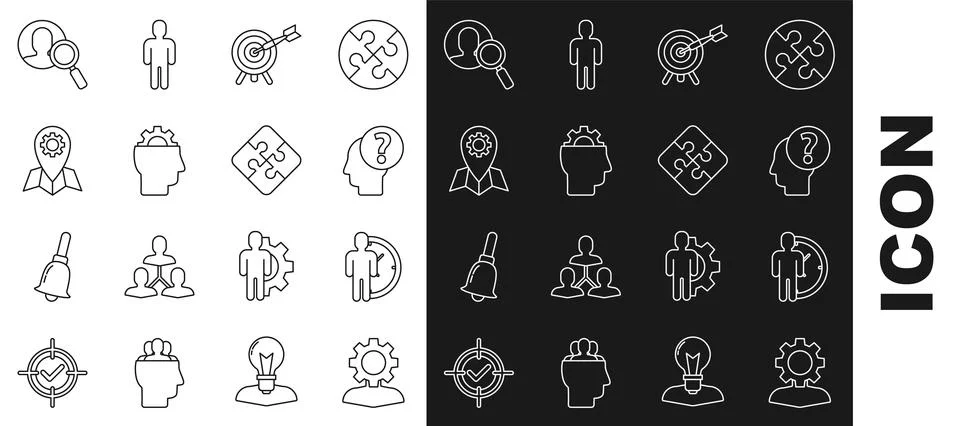Set line Human with gear inside, Time Management, head question mark, Targe.. Stock Illustration