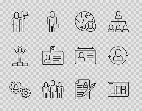 Set line Human with gear Search job Globe and people Project team base Man ho Stock Illustration