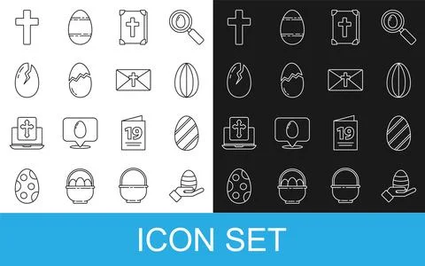 Set line Human hand and easter egg, Easter, Holy bible book, Broken, Christian Stock Illustration
