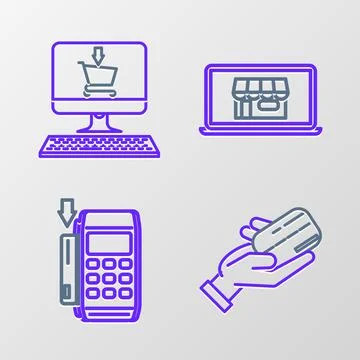 Set line Human hand holding with credit card, Pos terminal inserted, Shoppi.. Stock Illustration