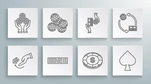 Set line Human hand throwing game dice, Casino chips, Deck of playing cards Stock Illustration