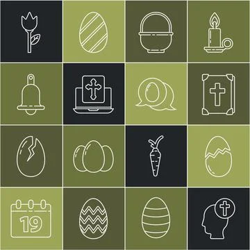 Set line Human head with christian cross, Broken egg, Holy bible book, Basket Stock Illustration