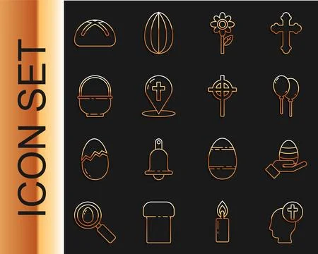 Set line Human head with christian cross, hand and easter egg, Balloons rib.. Stock Illustration