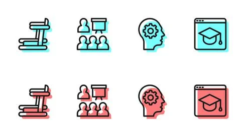 Set line Human head with gear inside, Treadmill machine, Training, presentation Stock Illustration