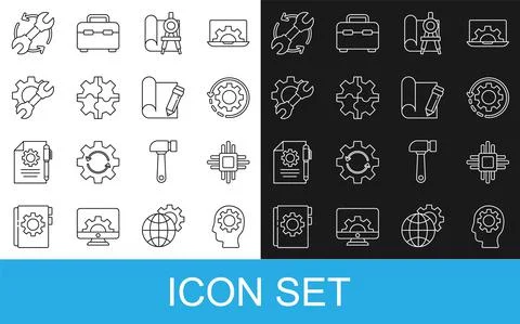 Set line Human head with gear inside, Processor microcircuits CPU, Gear and Illustrazione stock